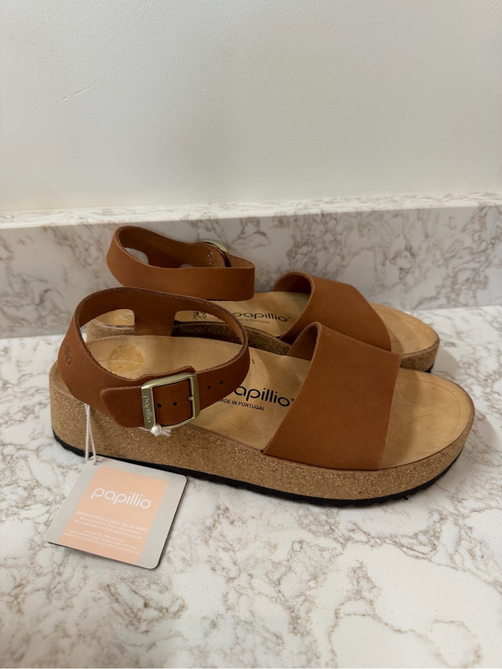 Papillio Tan Leather Ankle-Strap Cork Wedge Sandals